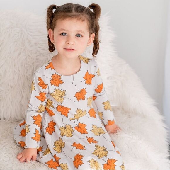 Sweet Bamboo | Swirly Girl Dress in Grey Leaves Fall | 8 - Picture 4 of 5